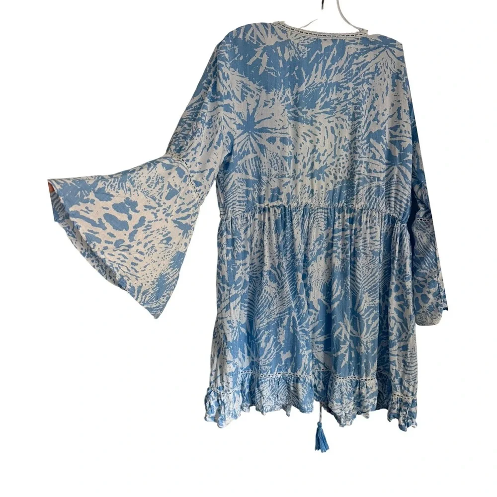 Blue Island Womens Light Blue Tropical Print Bell Sleeve Kimono Cover Up Large - Picture 3 of 10